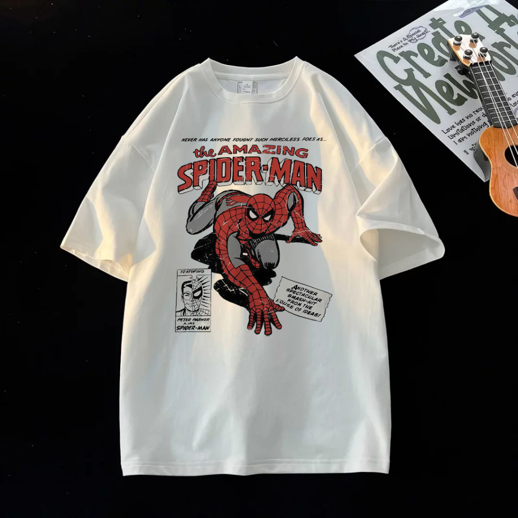 YQZY Modis Kemeja lengan pendek bermotif Spider-ManT-Shirt 100% Cottonbaju kaos oversize priaKaos Le