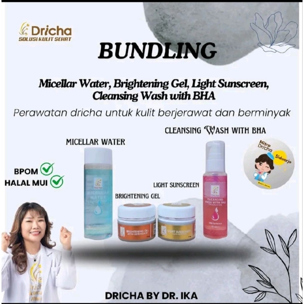 DRICHA Bundling Cleansing Wash With BHA, BGR, Light Sunscreen, Micellar Water (untuk wajah kulit ber