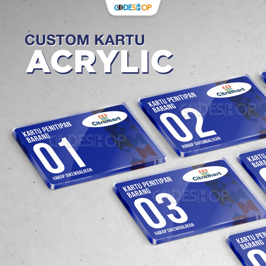 

Kartu Akrilik Penitipan Barang Nama Nomer Antrian Minimarket Supermarket Cetak UV Tebal Full Color