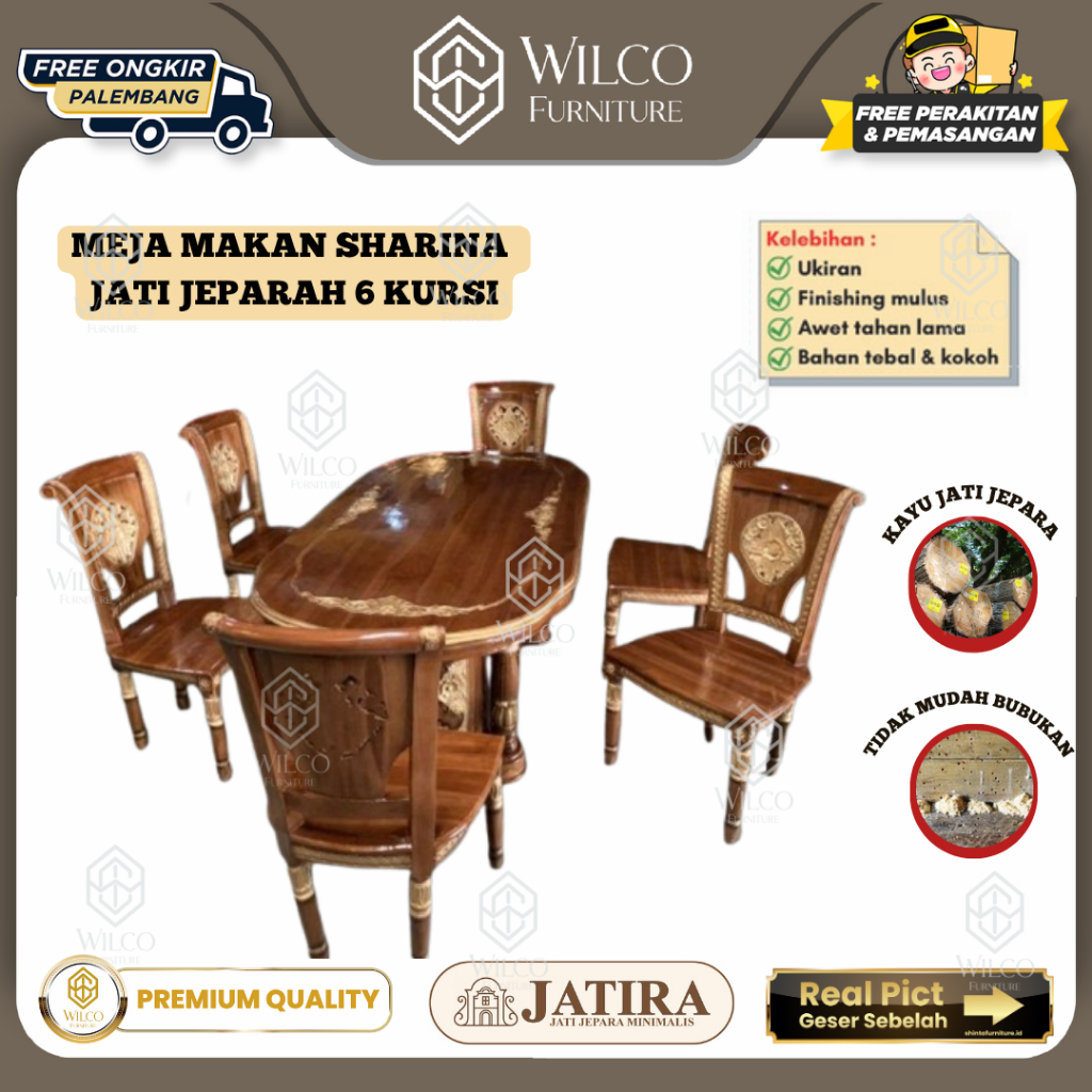 Meja Makan JATIRA Minimalis Ukir Sharina 6 Kursi | Meja Makan 6 Kursi PLG Jati sharina | Meja Makan 