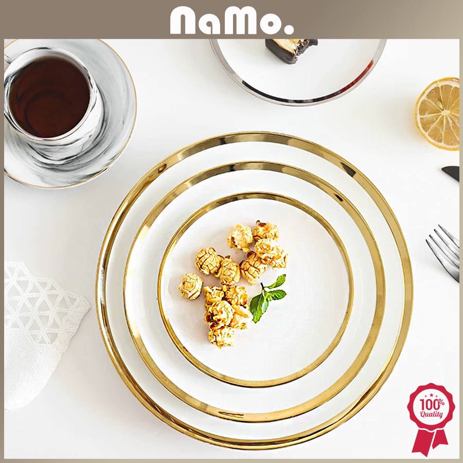 Namo Gift - Piring Makan Keramik Putih double list Gold elegant/Piring Putih Keramik List Gold Mewah
