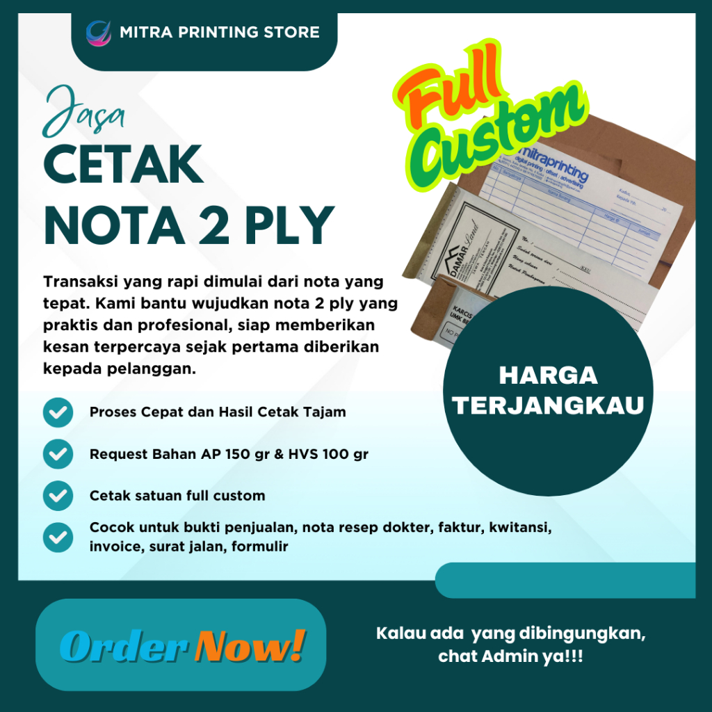 

Cetak Nota 2 Ply Satuan Ukuran 1/6 Folio (Full Color) Desain Bebas, Cetak Cepat!