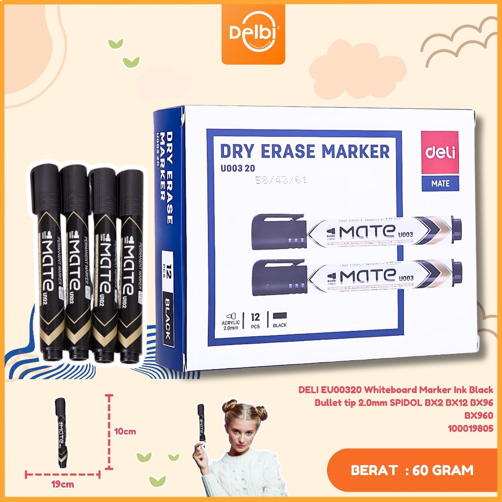 

Dry Erase Marker / Spidol Whiteboard Black Deli EU00320 Whiteboard Marker Ink Black Bullet tip 2.0mm