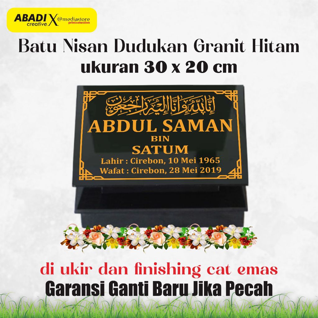 BATU NISAN GRANIT HITAM PLUS DUDUKAN MAKAM PAPAN TULISAN NAMA KUBURAN UKURAN 30 X 20 CM PENGIRIMAN C