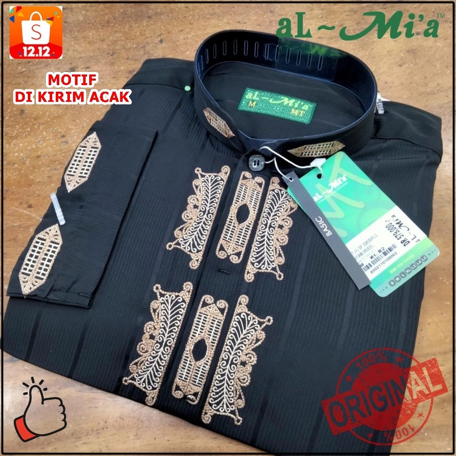 FREE BOX Baju koko al-mia MT hitam lengan panjang pria dewasa koko almia s - xl fashion muslimin pak