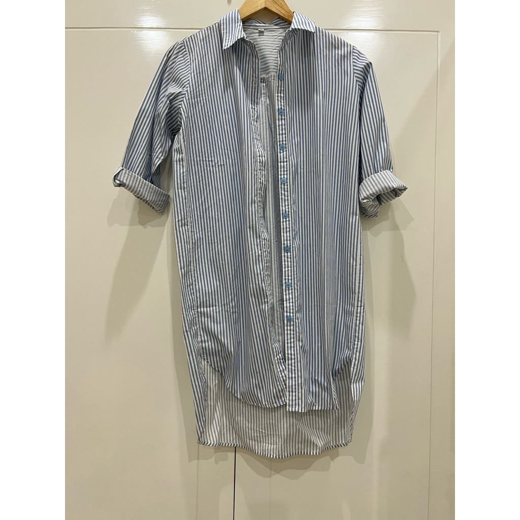 [PRELOVED] KEMEJA DRESS PANJANG STRIPE PUTIH BIRU GARIS BLOUSE HIJAB