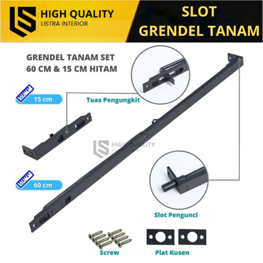 Grendel Tanam Hitam Silver Slot Pintu Kuputarung Stainless Steel Panjang 30cm & 60cm