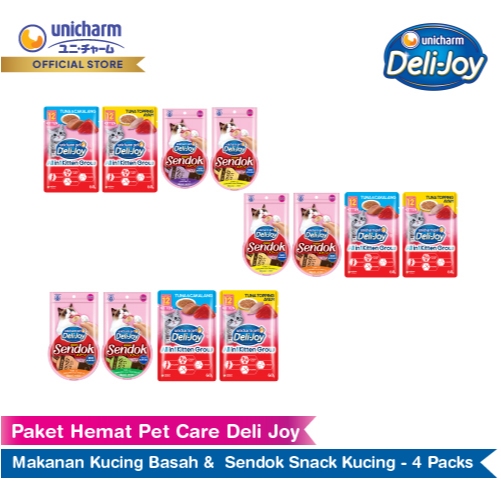 Paket Hemat Pet Care Deli Joy Makanan Kucing Kitten Basah & Sendok Snack Kucing - 4 Packs