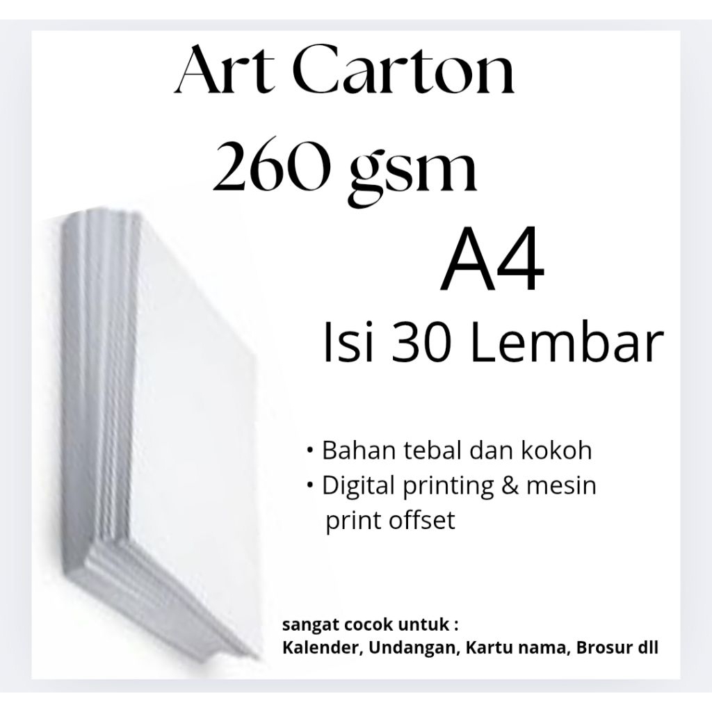 

Kertas Art Carton Tebal 260 GSM Ukuran A4 Isi 30 Lembar – Glossy, Kokoh. Cocok untuk Brosur, Undangan, Kemasan Premium & Cover.