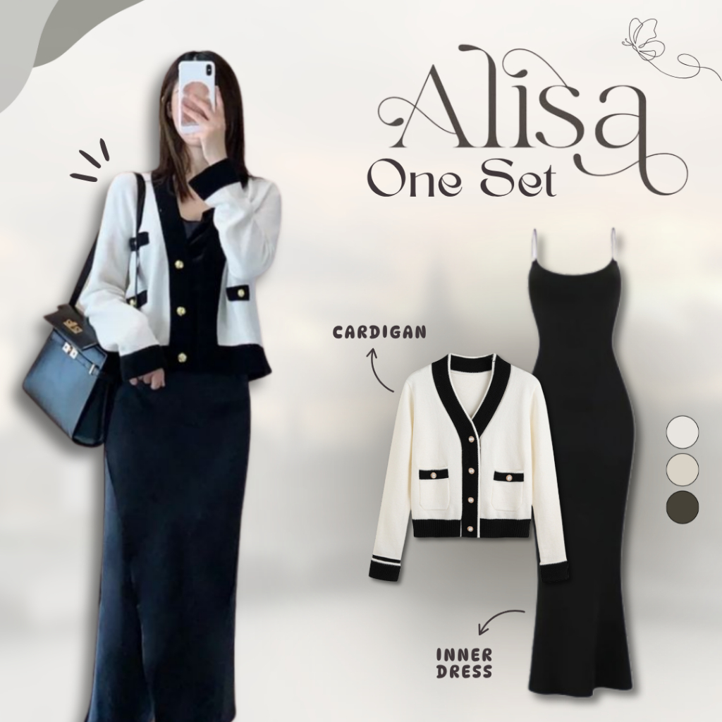 Alisa Korean One Set  Wanita Kekinian | Cardigan Rajut Tebal Putih + Inner Dress Slim Fit | Setelan 
