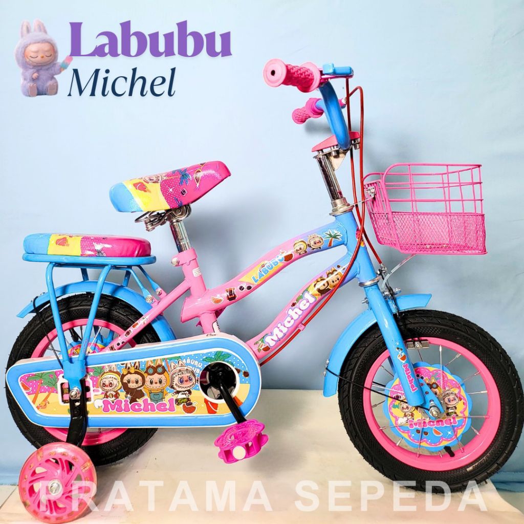 Sepeda Labubu Anak Perempuan 12 Inch Michel Labubu Boncengan Keranjang