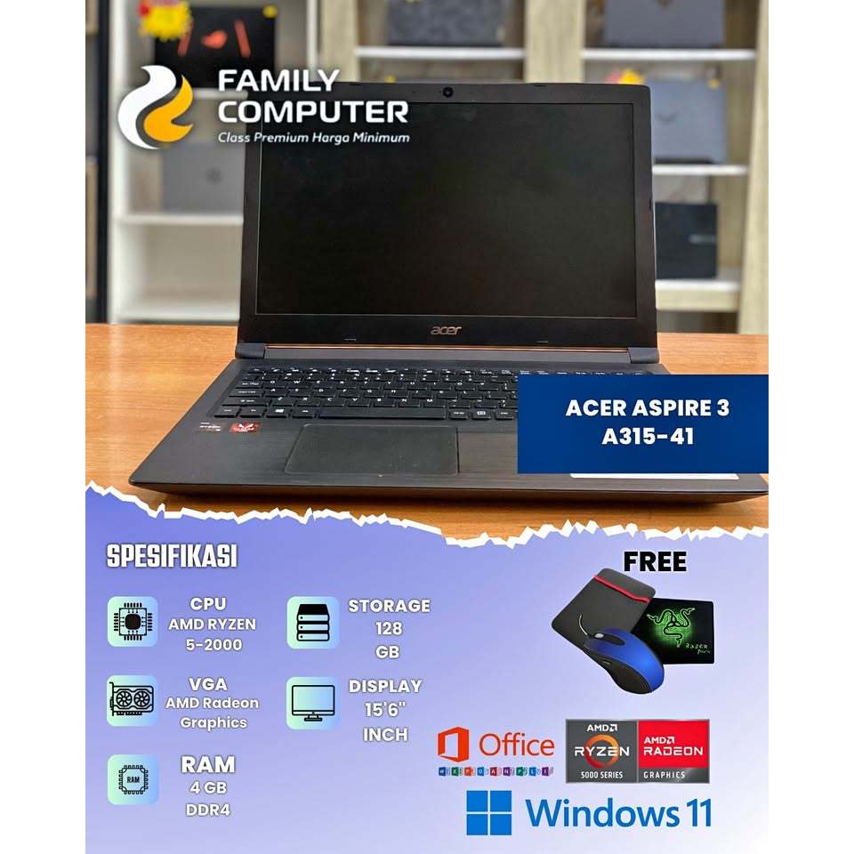 ACER ASPIRE 3 A315-41 | AMD RYZEN 5 GEN 2 | RAM 4GB DDR4 SSD 128GB | MULUS | SIAP PAKAI