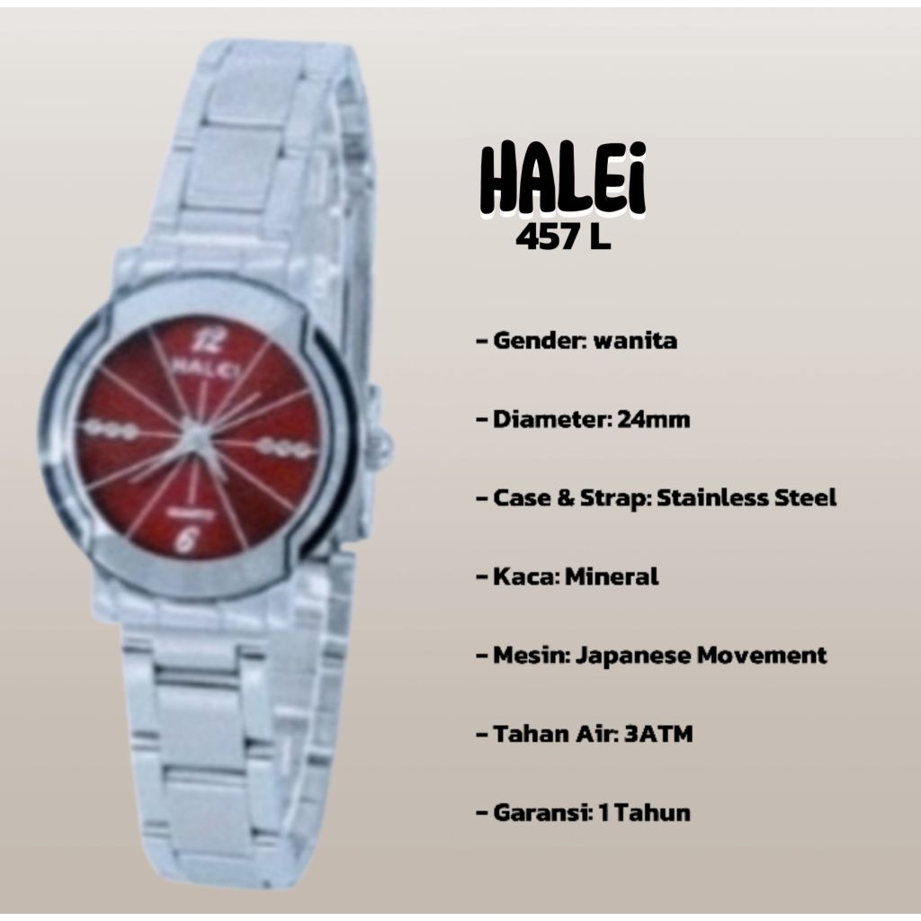 halei 457 L jam tangan wanita halei original fashion casual analog rantai stainless anti air