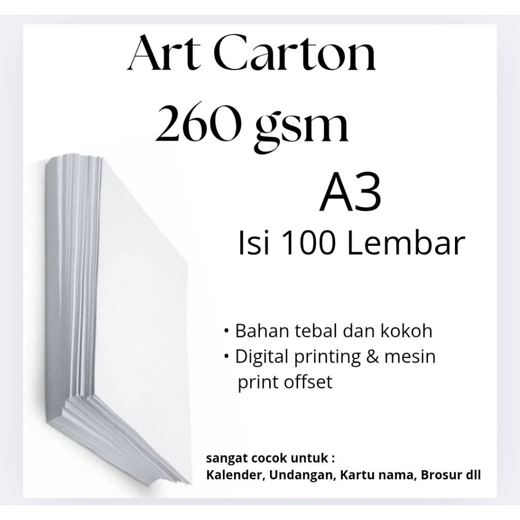 

Kertas Art Carton Tebal 260 GSM Ukuran A3 Isi 100 Lembar – Glossy, Kokoh. Cocok untuk Brosur, Undangan, Kemasan Premium & Cover.