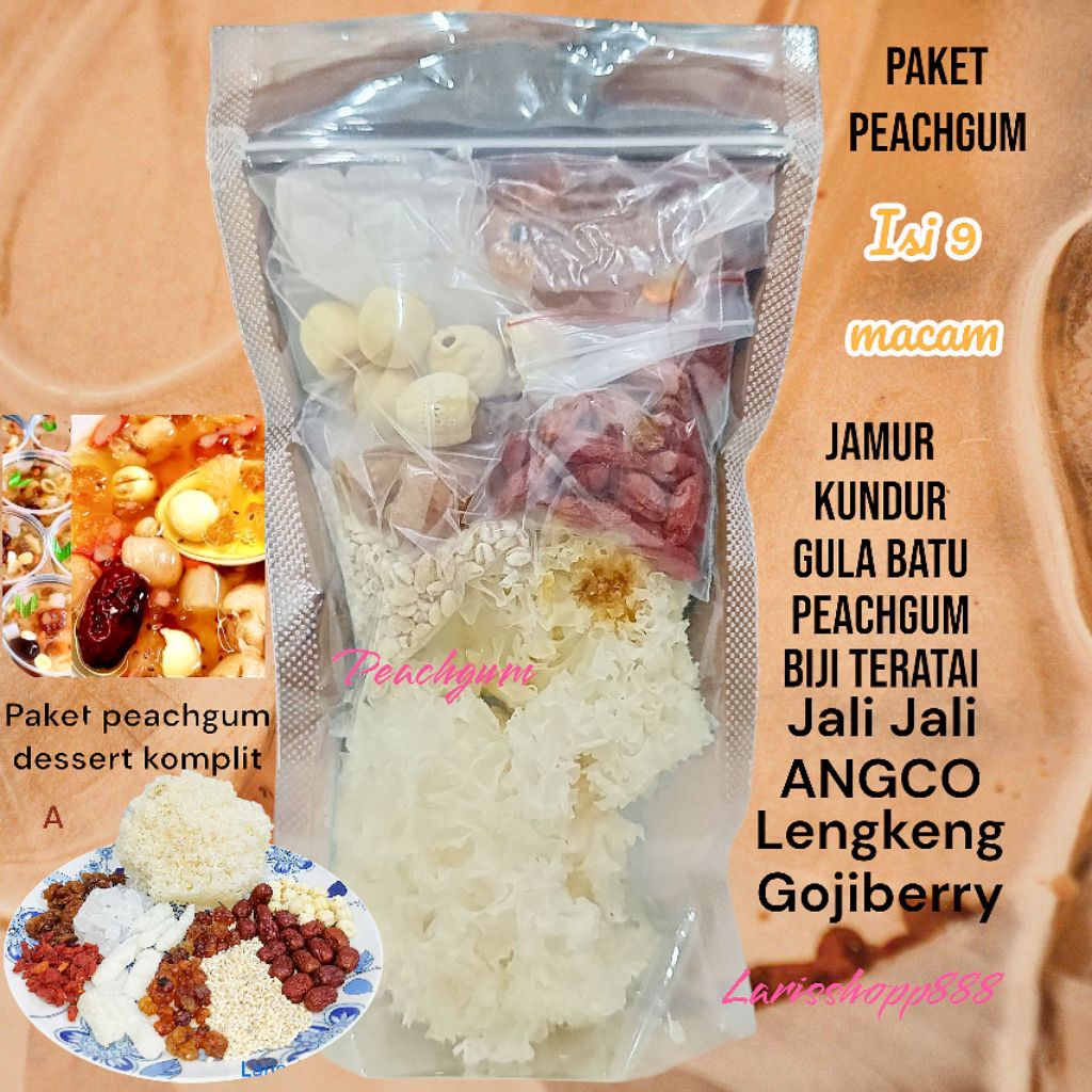 

paket peach gum komplit / paket dessert peach gum / Peachgum paket lengkap isi 9 bahan / 1 bungkus isi 100 gram