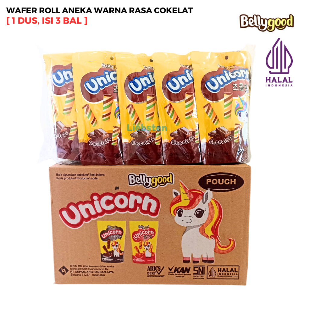 

BELLYGOOD UNICORN POUCH Wafer Roll Aneka Warna [1 Dus, Isi 3 Bal]