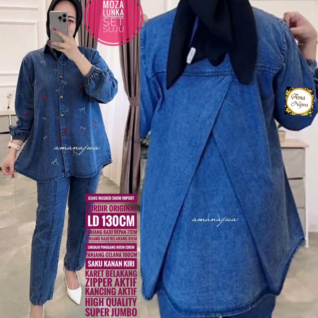 MOZA SETELAN JUMBO LD130  PREMIUM BORDIR ASLI • SET ATASAN TUNIK DAN CELANA JEANS TERBARU • BAJU WAN