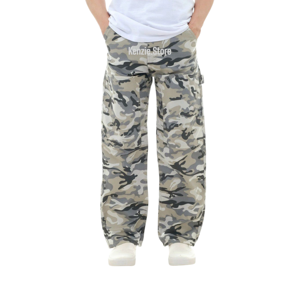 Celana Loreng Panjang Pria Carpenter Pants Reguler Loreng Camo White Putih Cargo Pants Loose Fit Non