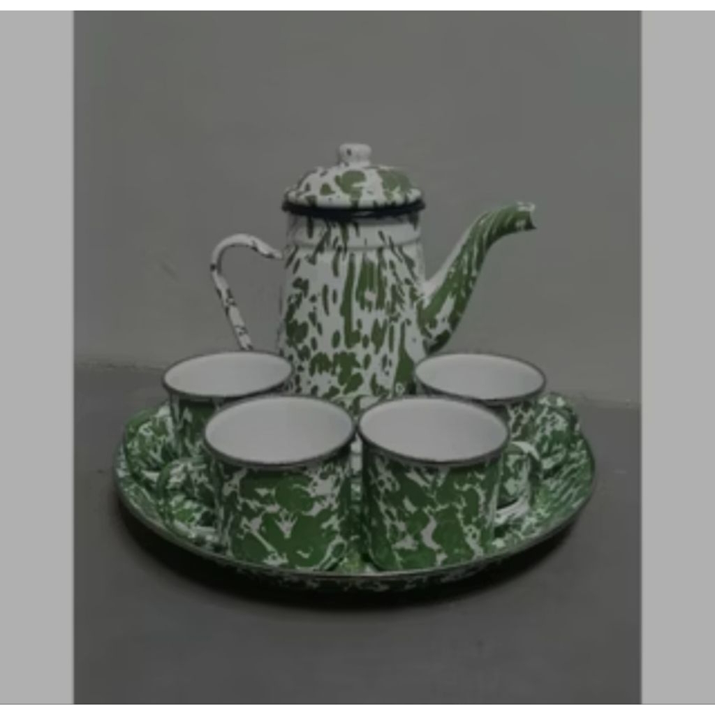 Set Teko + Gelas + Tatakan Enamel Blirik Hijau Vintage Jadul (Kedaung)