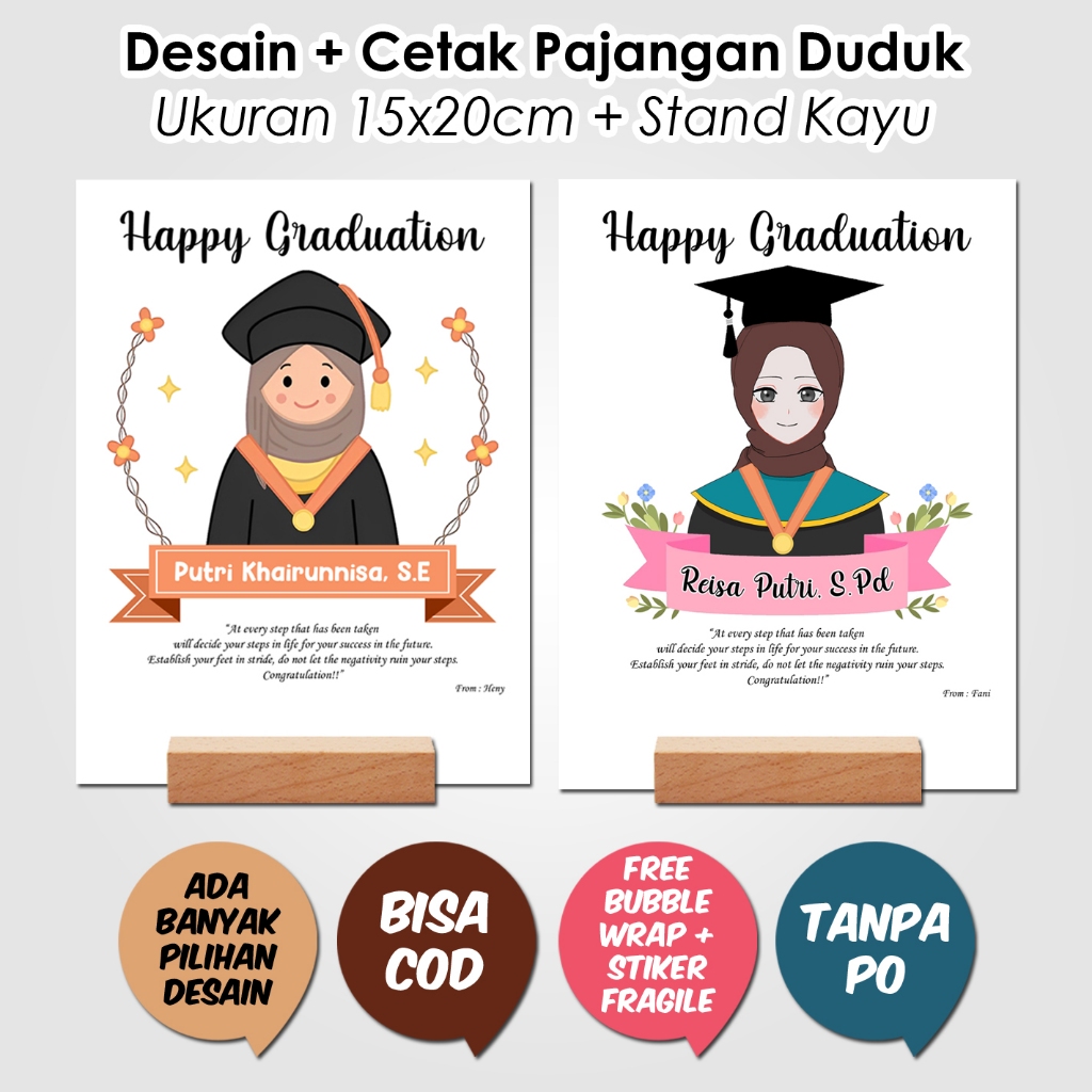 Kado Wisuda Cowok Cewek Custom Tulisan Pajangan Duduk Gambar Kartun Graduation Stand Kayu
