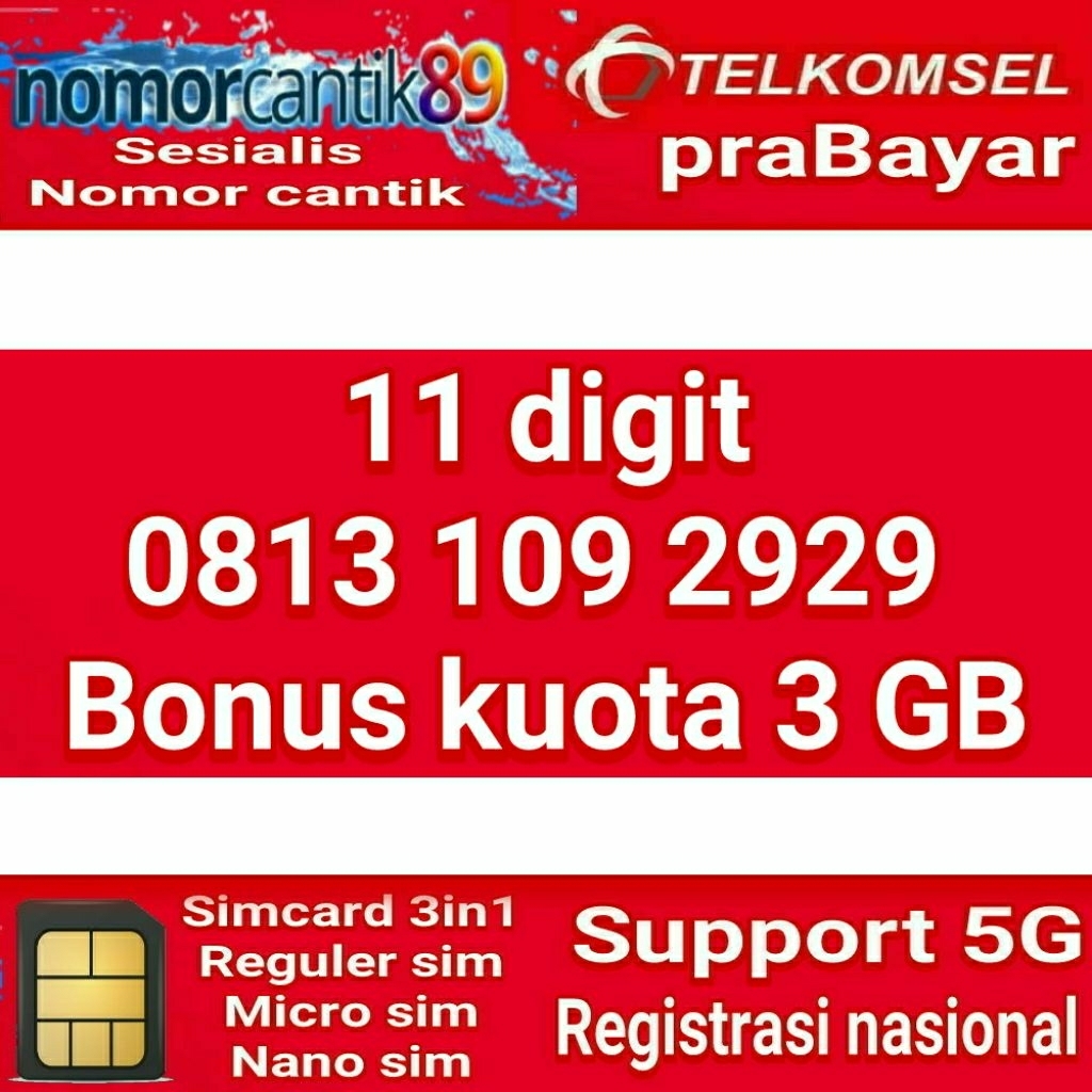 Nomor cantik telkomsel simpati 11 Digit 0813 109 2929
