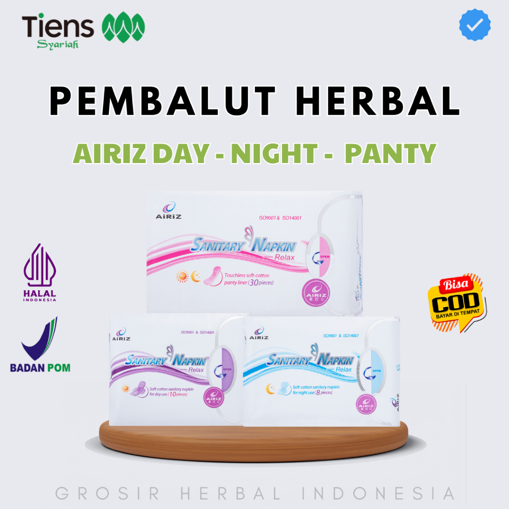 AIRIZ TIENS PEMBALUT HERBAL SEHAT AIRIS SANITARY NAPKIN PANTYLINER, USE DAY, NIGHT PROTEX MALAM OXYG