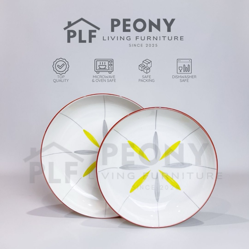 PLF20 - Piring Keramik Makan EstetikMotif Daun Kuning Abu Minimalis Elegan