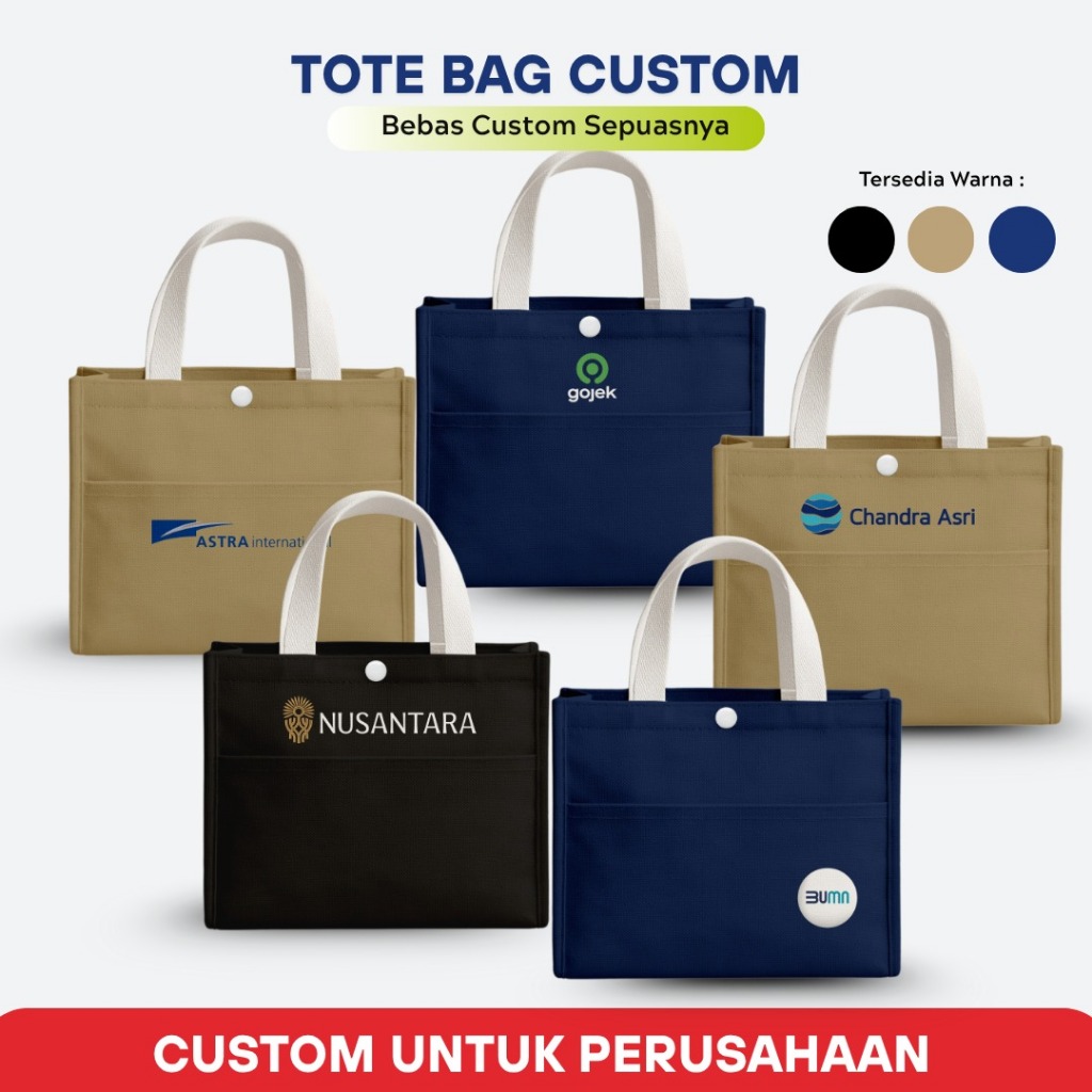 Tas Tote Bag Souvenir Costum Kanvas Jumbo Premium Dengan Kantong Bebas Custom Desain Sendiri Logo Fo