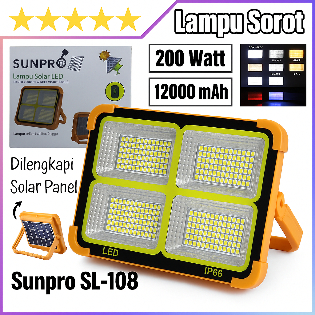 Lampu Emergency Tenaga Matahari Solar Camping SUNPRO SL-108 / SL 108 200 Watt Super Terang