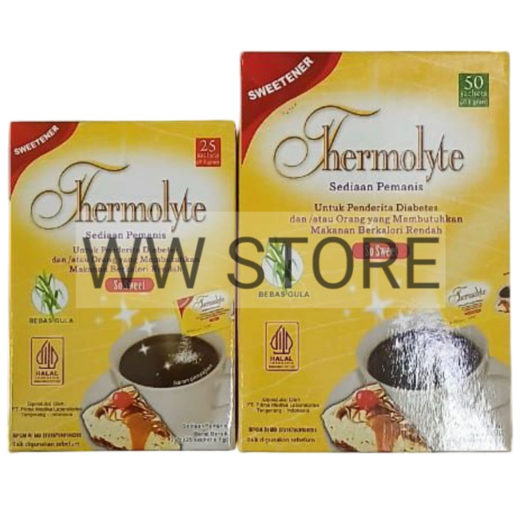 

Sediaan pemanis BEBAS GULA halal MUI untuk Penderita Diabetes dan / atau Orang yang Membutuhkan Makanan Berkalori Rendah Thermolyte So Sweet SWEETENER 25 / 50 Sachet x 1g