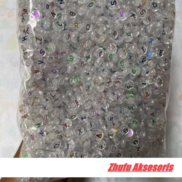1pon manik manik huruf bening rainbow 10mm bahan kerajinan