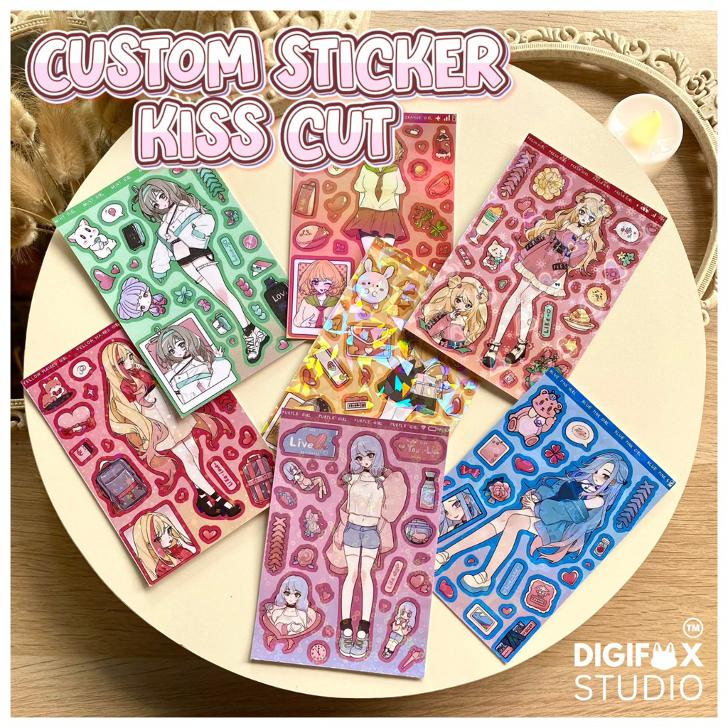 

Custom Cetak Cutting Sticker KISS CUT Glitter Hologram Glossy Matte Vynil A5 A6 A7 Aneka Size
