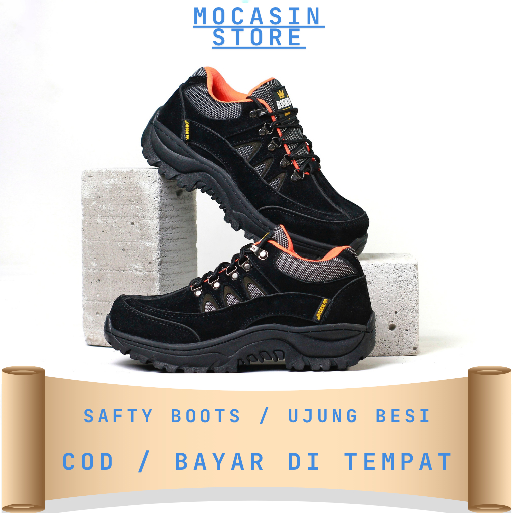 Mocasin Pedro - Sepatu Tracking Ujung Besi Bahan Suede Sepatu Pria Boot Safety Kerja Proyek Hitam