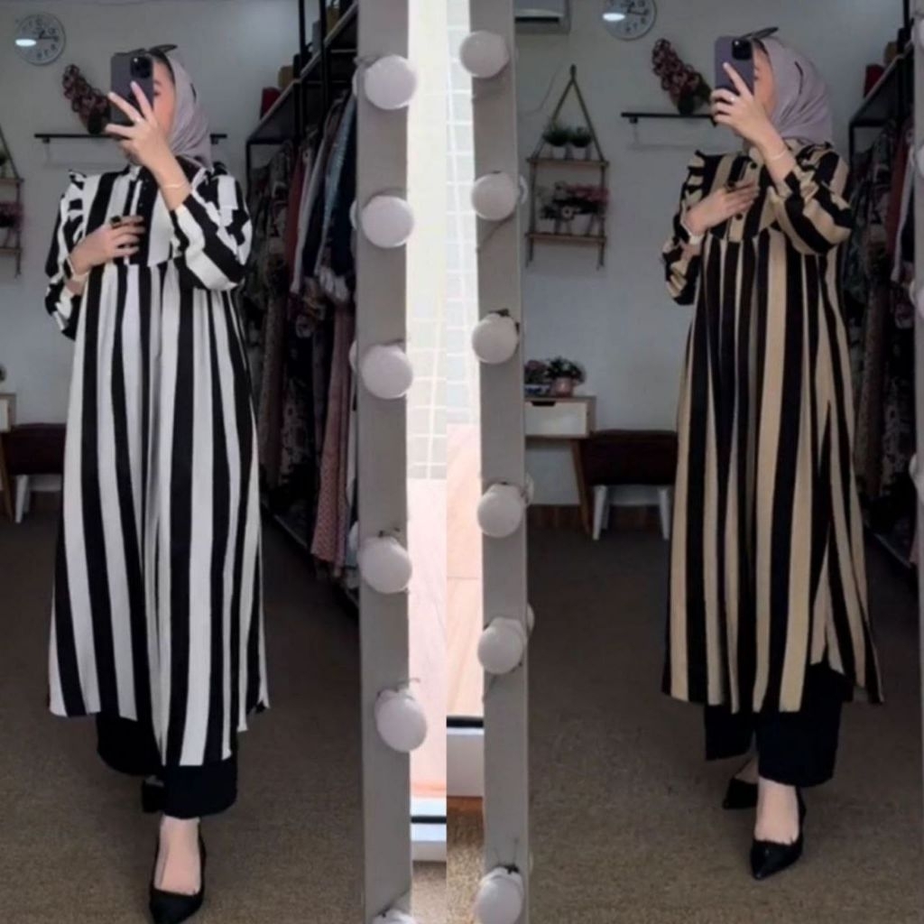 Setelan Set Long Tunik Salur Wanita Kekinian || LAURA SALUR SET TUNIK KEKINIAN