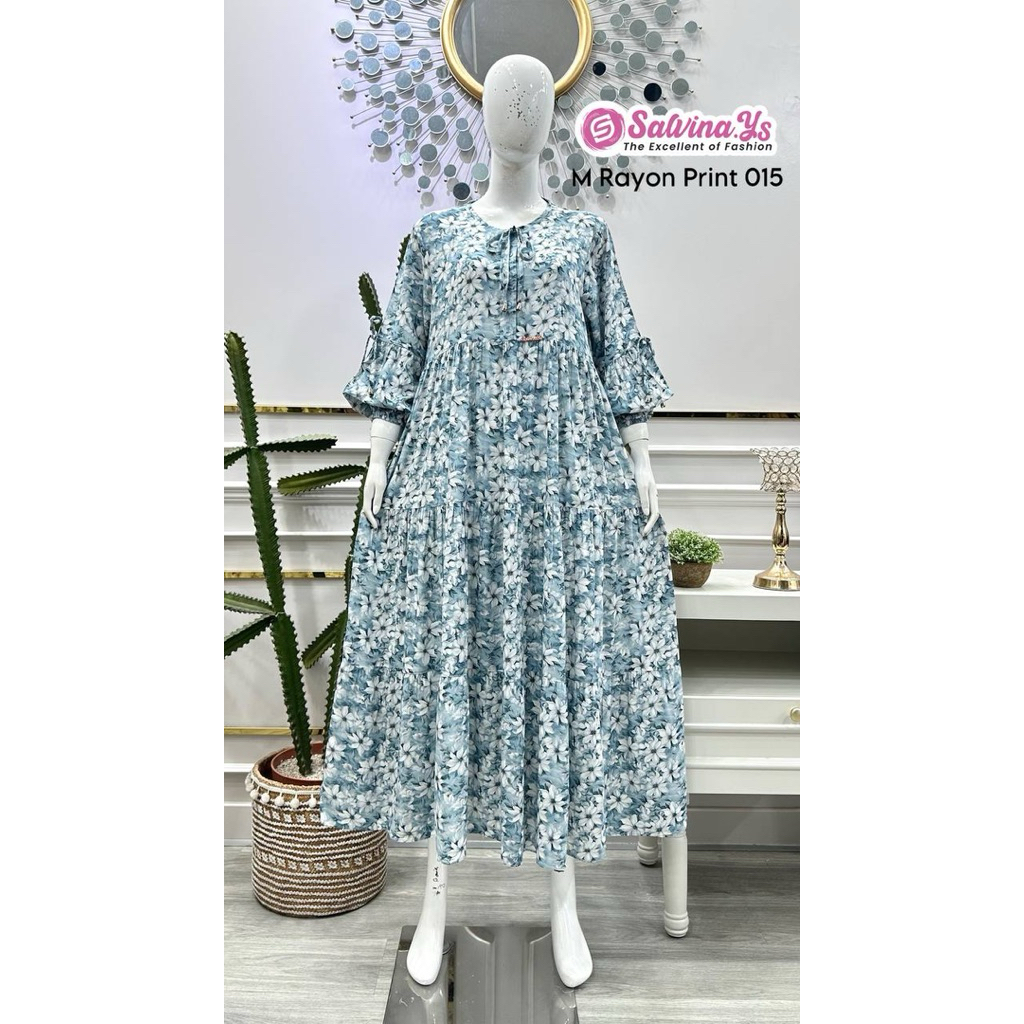 Midi rayon print bunga lengan balon by Salvina ys
