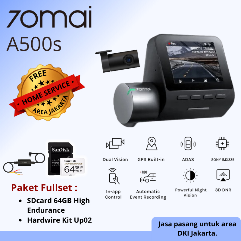 Dashcam A500s 70mai Full Front + Rear + Hardware Kit + Installation