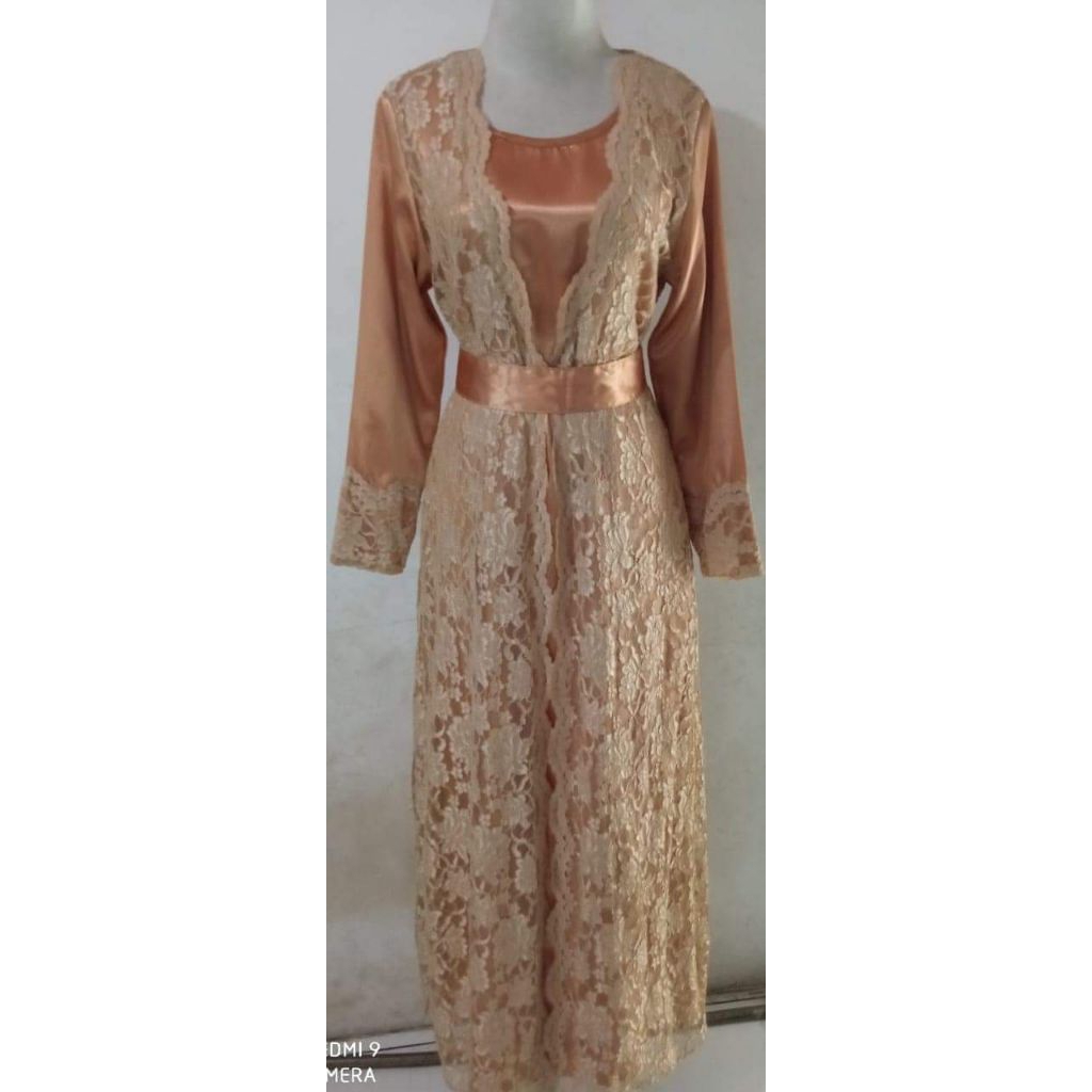 gamis rompi brukat coklat keemasan
