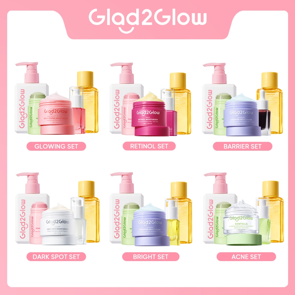 Glad2Glow bundle 5in1 paket Skincare- Moisturizer+Serum+Cleanser+Toner+ Clay Stick- Face Wash  Glowi