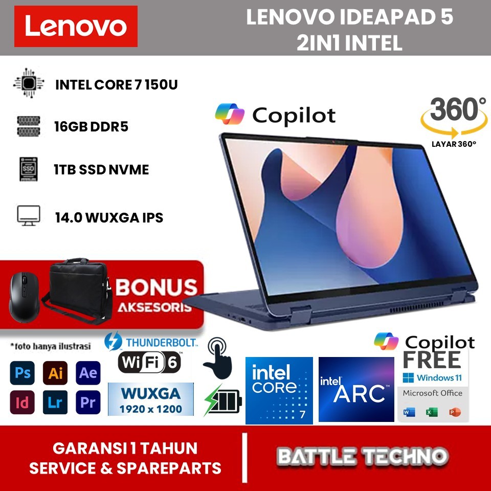 Laptop terbaru 2 in 1 Lenovo Ideapad 5 Intel Core 7 150U Ram 16GB SSD 1TB 14.0 WUXGA IPS WIN 11