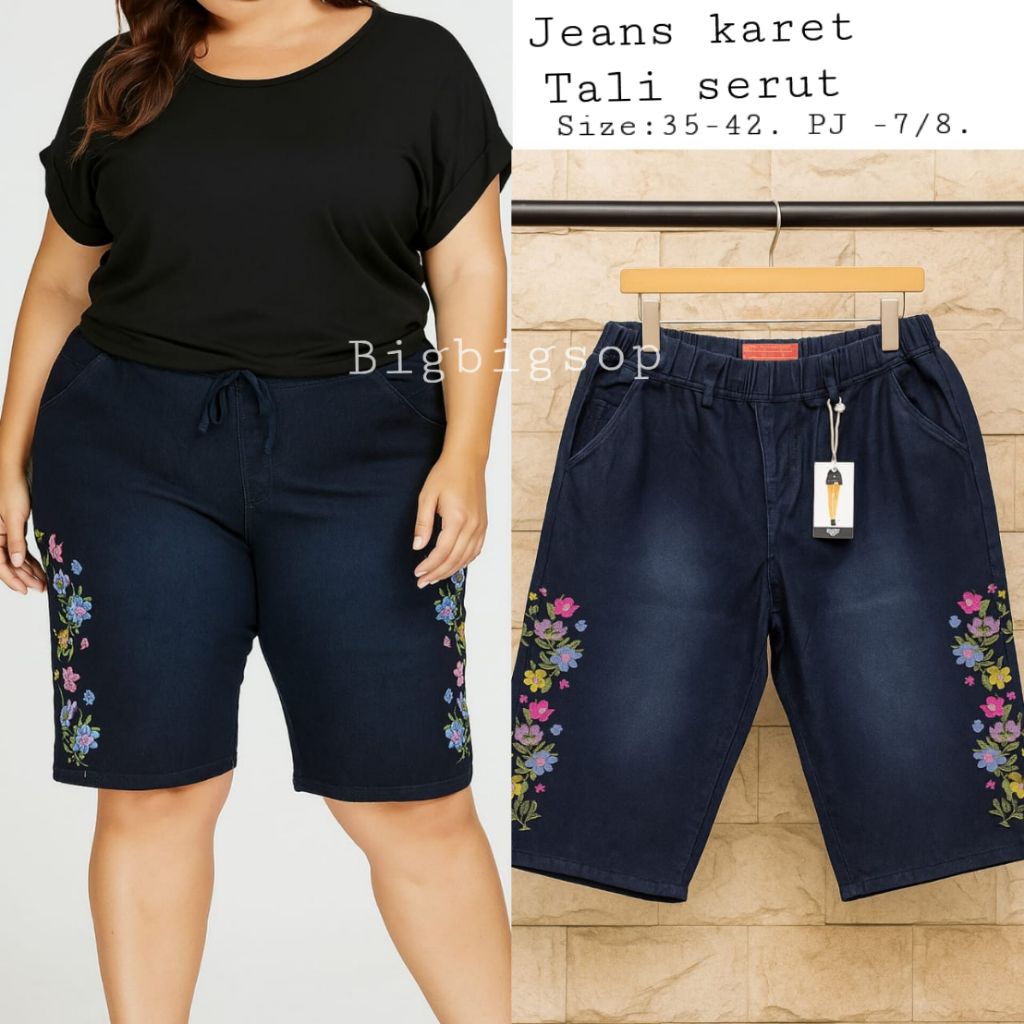 CELANA JEANS 7/8 Motif BORDIR/JEANS BORDIR PENDEK/ CELANA JEANS BORDIR BIG SIZE/JEANS BORDIR BUNGGA.