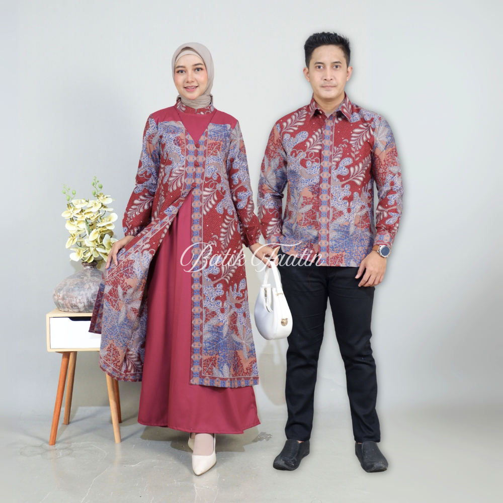Batik Faatin | Gamis Batik Couple Katun Kombinasi Polos toyobo premium | Batik Couple Gamis Terbaru 