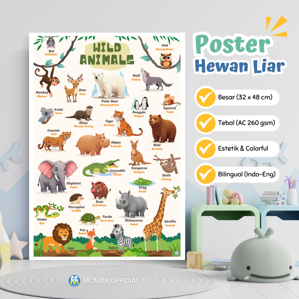 Poster Edukasi Anak Wild Animals Gambar Hewan Liar Lengkap Bahasa Inggris-Indonesia