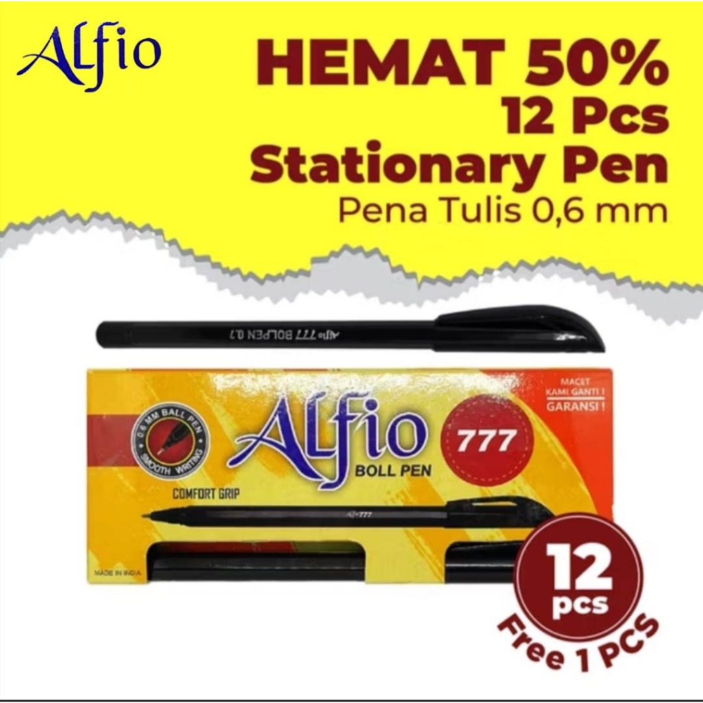 

Pulpen / Pen / Ballpoint ALFINO 777 / Pack 12+1 pcs ( 13 Pcs ) - Hitam