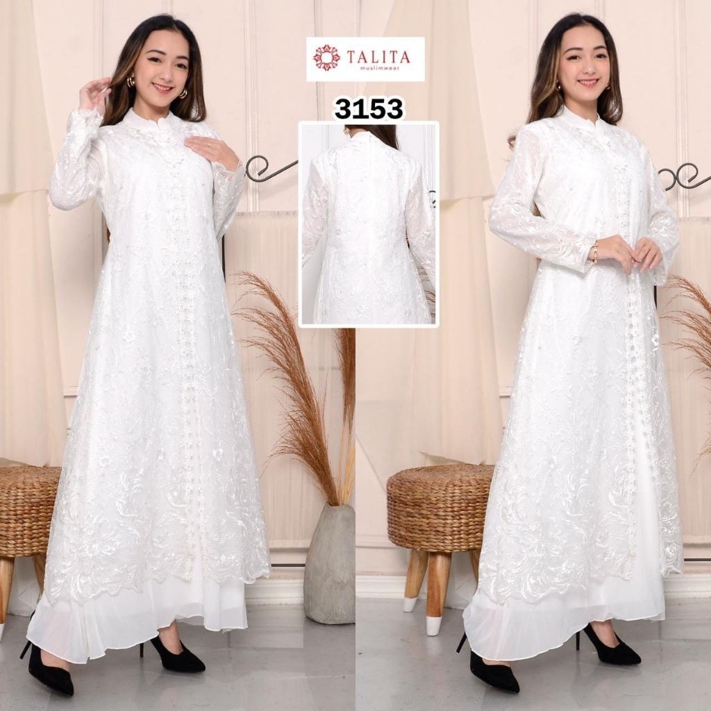 GAMIS PUTIH BRUKAT TILE BORDIR PREMIUM BUKA PINTU