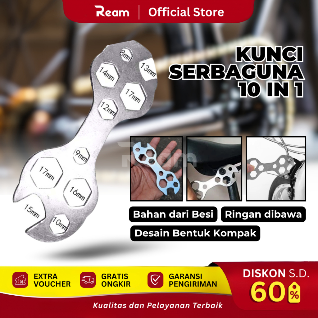 REAM Kunci Pas Sepeda Multi Ukuran 10 In 1 Alat Bengkel Komplit Ringan