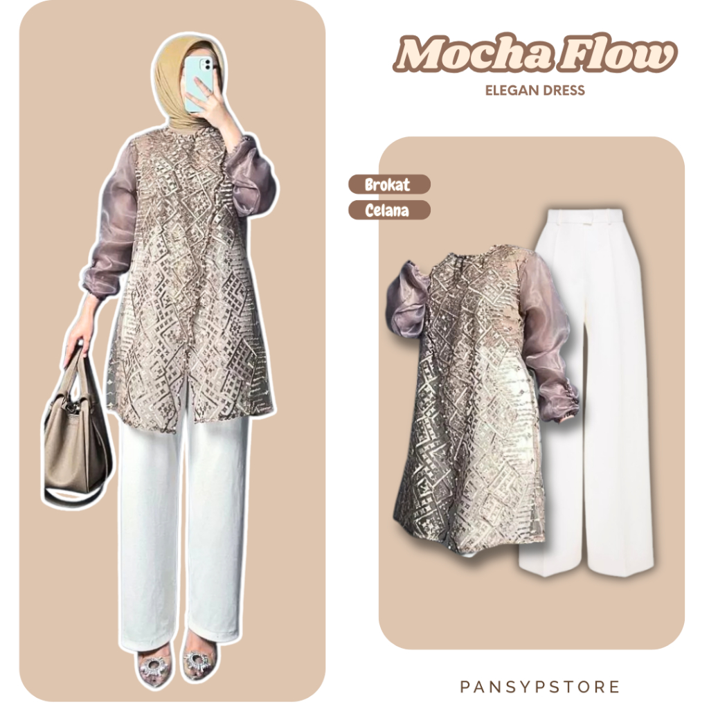 One Set 2in1 Kondangan Baju Lebaran Outer Tunik Brokat Payet Moca Setelan Wanita Set Celana Kulot