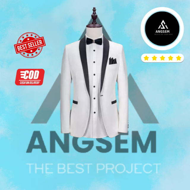 ANGSEM Setelan Blazer Jas 2in1 Formal Pria Putih Kerah Hitam Doff /Pekat Slimfit Semi Wool Kantor Wi