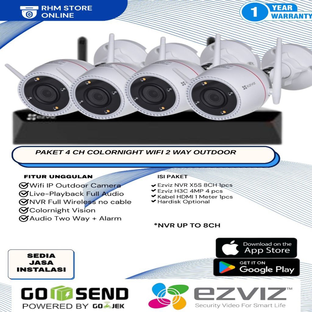 PAKET CCTV EZVIZ 4 IP CAMERA NVR WIFI 8CH 2 WAY AUDIO WIRELEES CCTV OUTDOOR