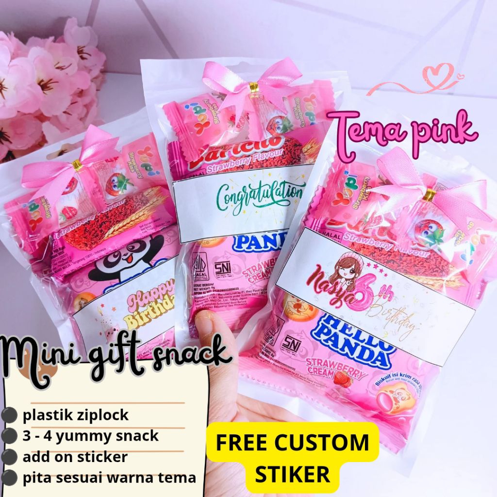 

(Tanpa Min Order) Mini Gift Snack Tema Pink | Hampers Ulang Tahun Anak | Isian Goodie Bags Free Custom Nama
