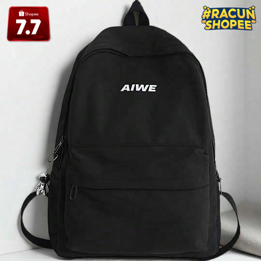 Ara Tas Ransel Sekolah Unisex Aiwe Hitam Backpack Tas Punggung Cewek Cowok Tas Gendong Pria Wanita